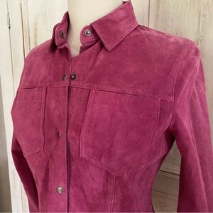 Vintage 1990s Suede Shirt 100% Leather Fitted Magenta Pink Snap Closures Pockets
